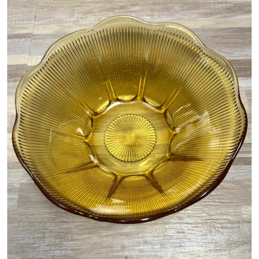 Vintage‎ Amber Glass Serving Bowl Ribbed Scalloped Mid Century Style Glass Dish